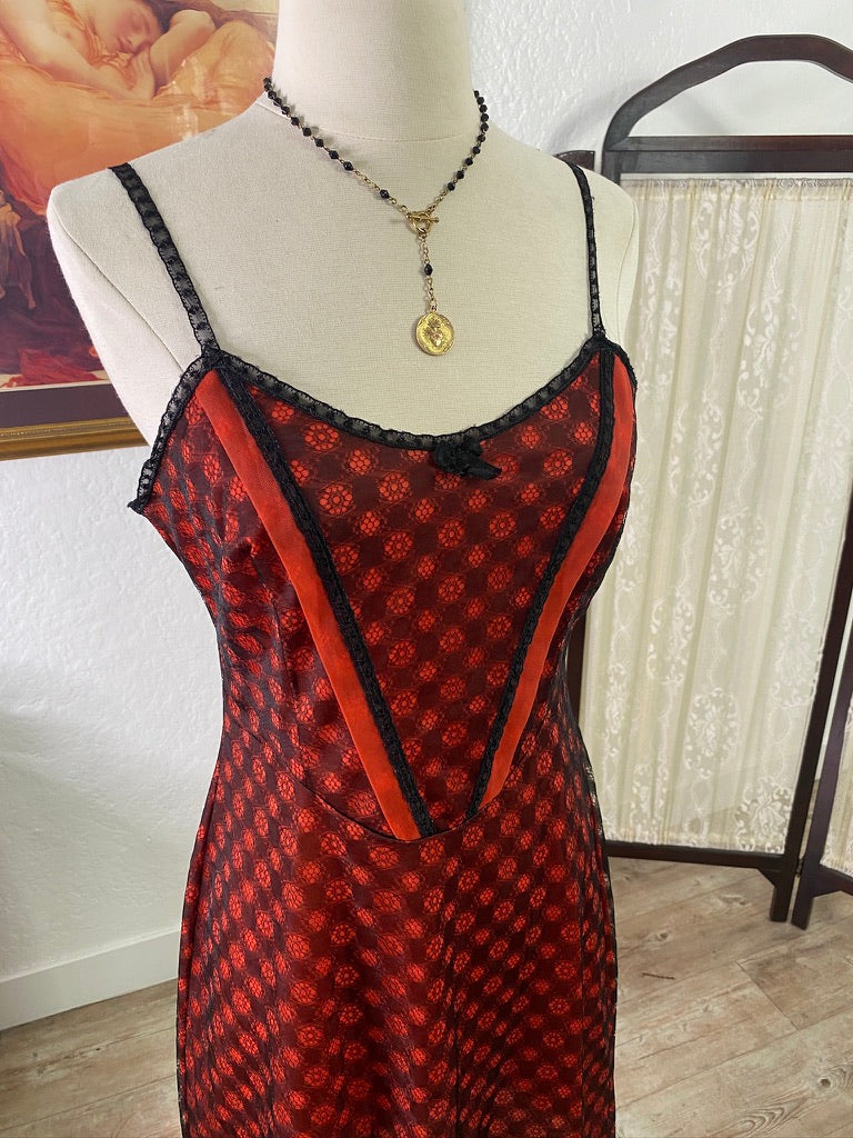 90s Vintage Red Mesh Lace Slip