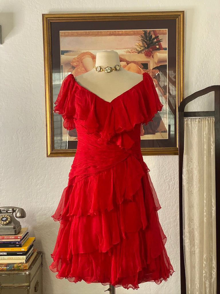 Cherry Red ❤️ Pure Silk Ruffle Dress