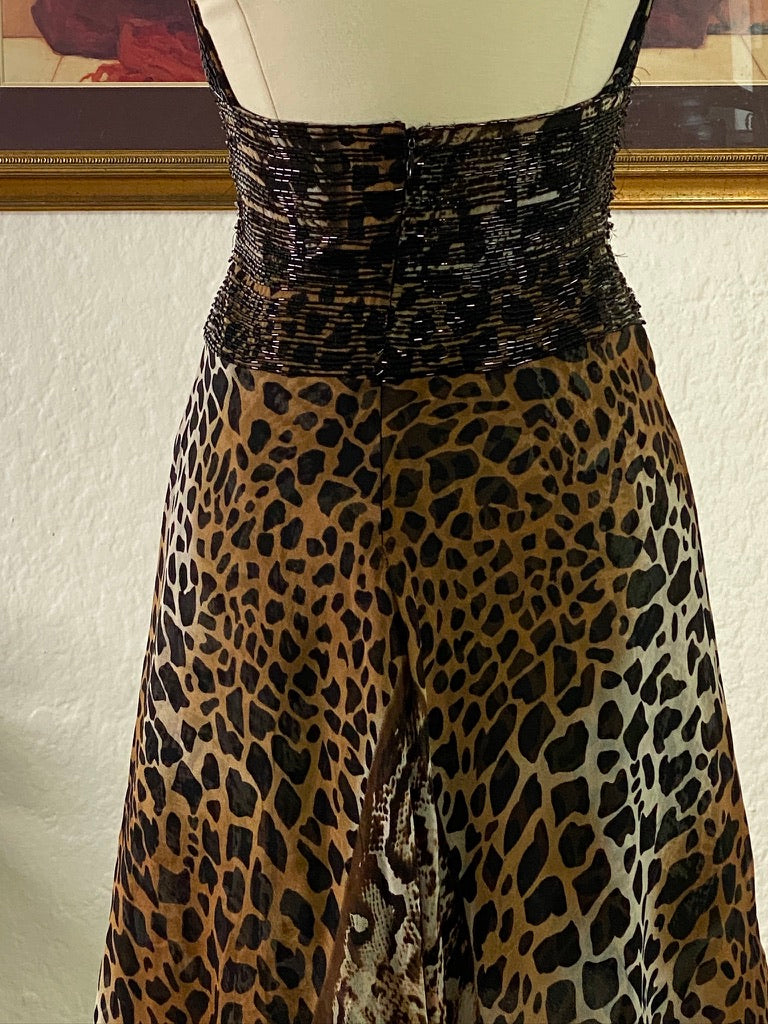 Y2K Silk Beaded Cheetah Print Halter Mini Dress