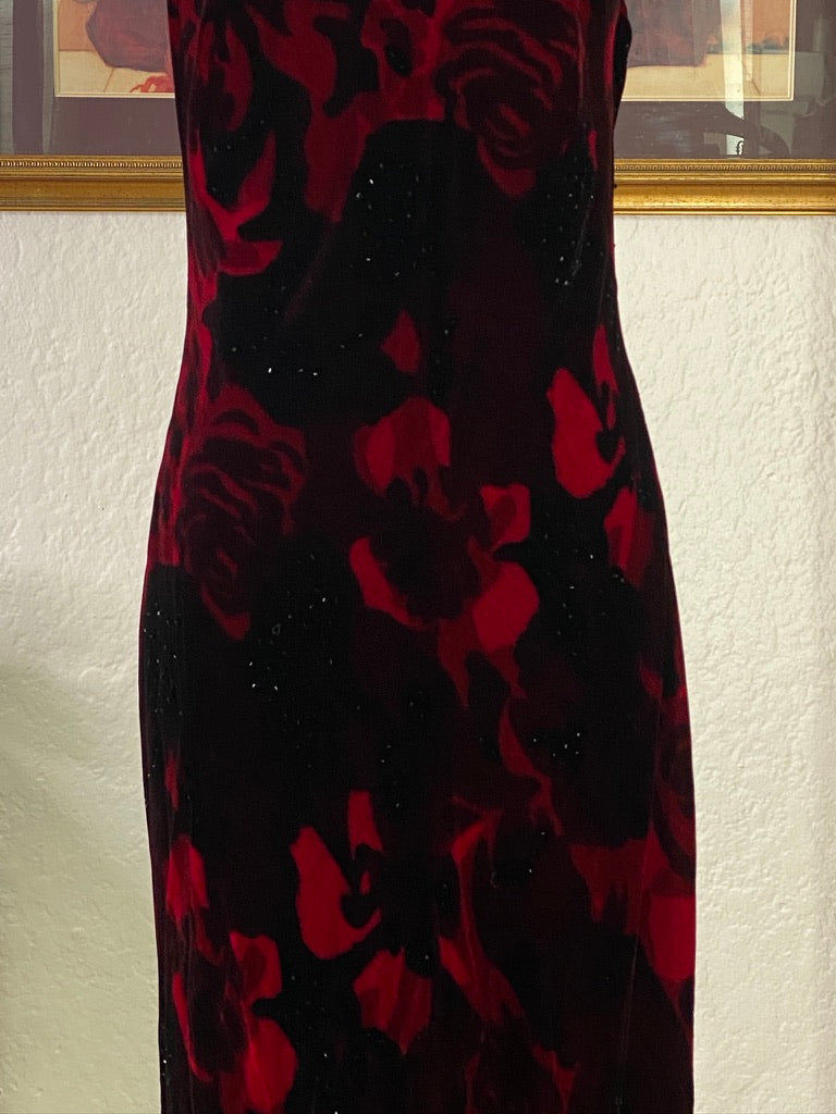 Y2K Velvet Rose Print Halter Gown