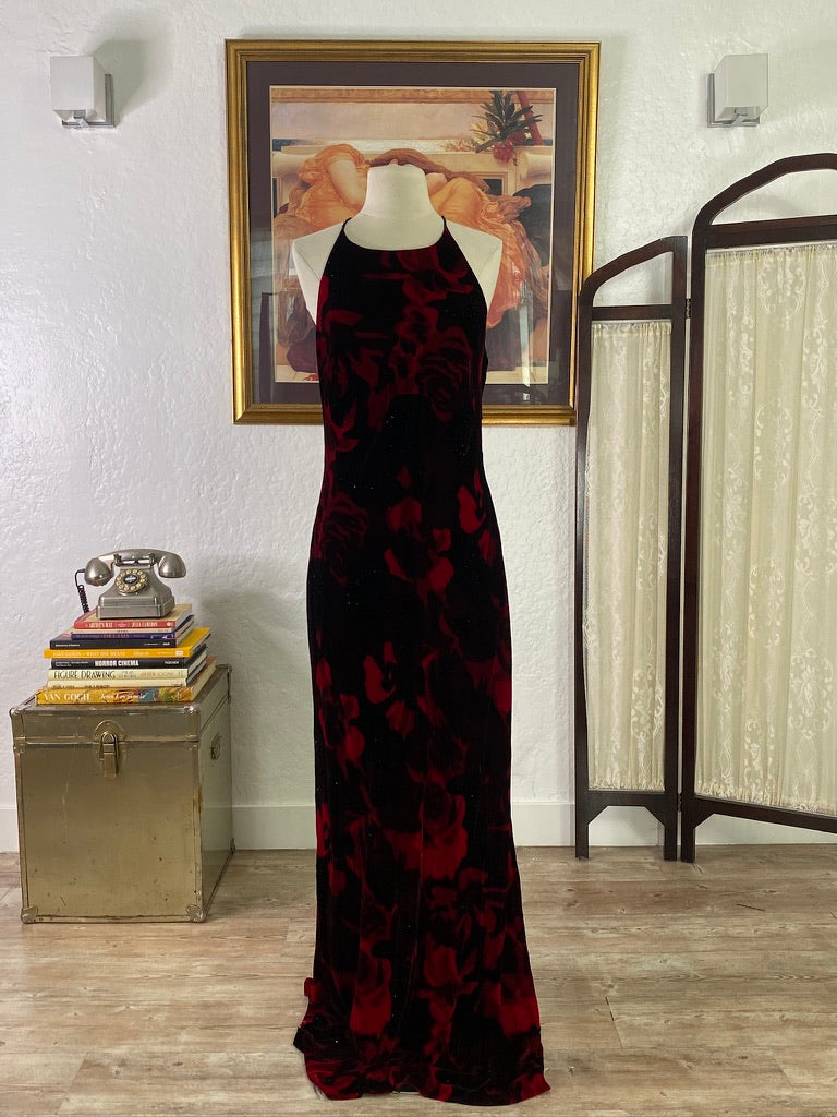 Y2K Velvet Rose Print Halter Gown