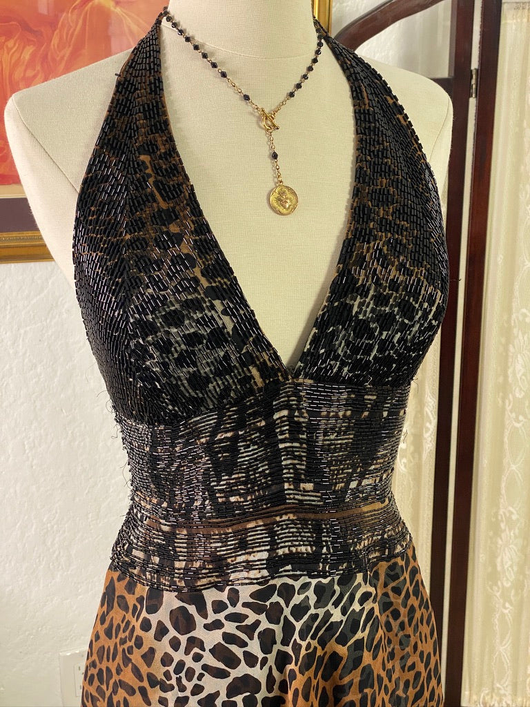 Y2K Silk Beaded Cheetah Print Halter Mini Dress