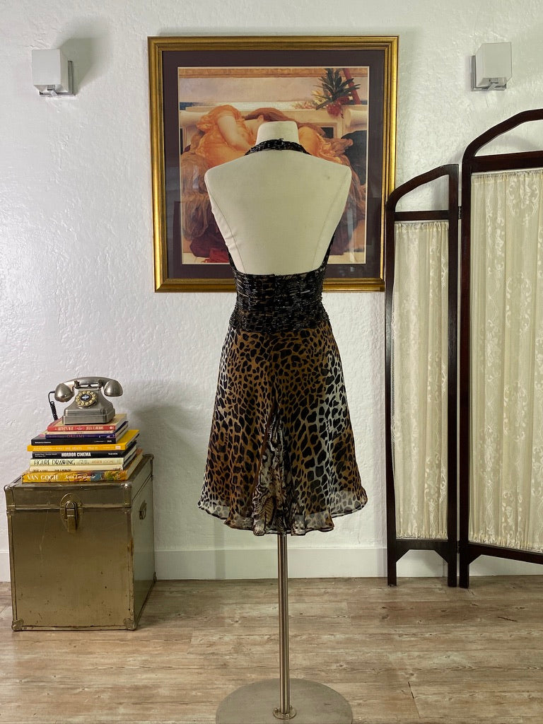 Y2K Silk Beaded Cheetah Print Halter Mini Dress