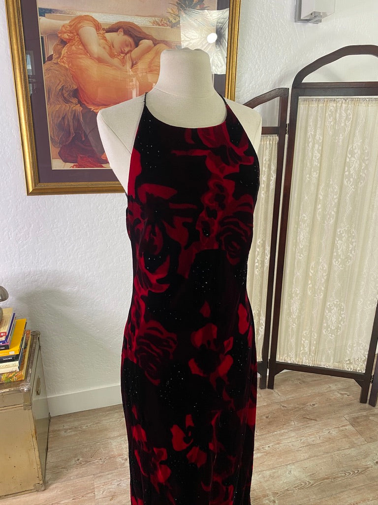 Y2K Velvet Rose Print Halter Gown